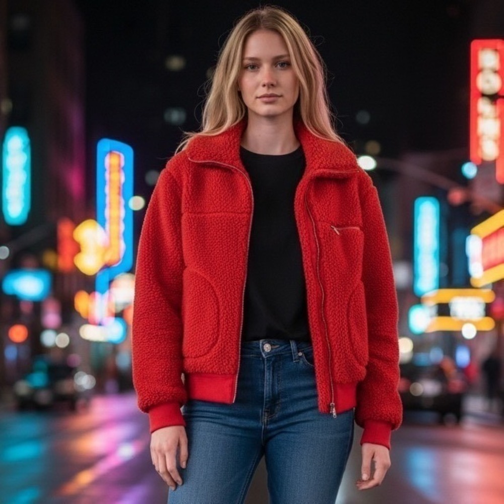 Wilfred Free Aritzia Red Sherpa Bomber Jacket Full Zip Funnel Neck XS Gorpcore
